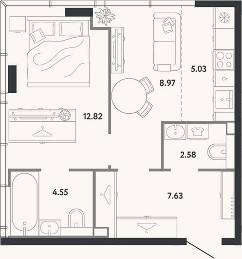 Планировка: 1-к, 41,6 м²