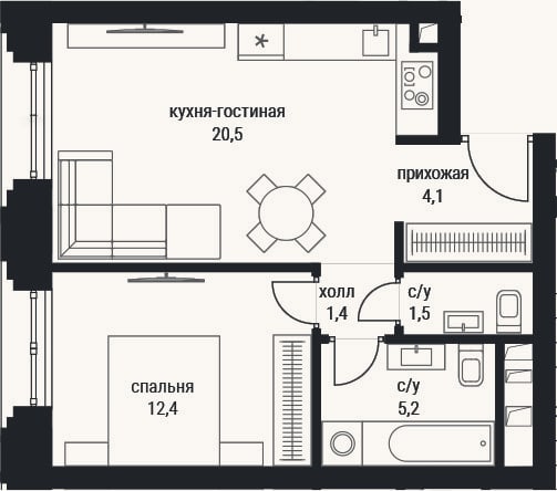 Планировка: 2-к, 45,1 м²