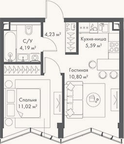 Планировка: 2-к, 35,8 м²