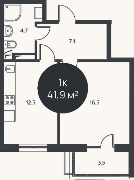 Планировка: 1-к, 40,8 м²