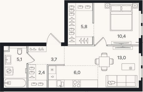 Планировка: 2-к, 46,4 м²
