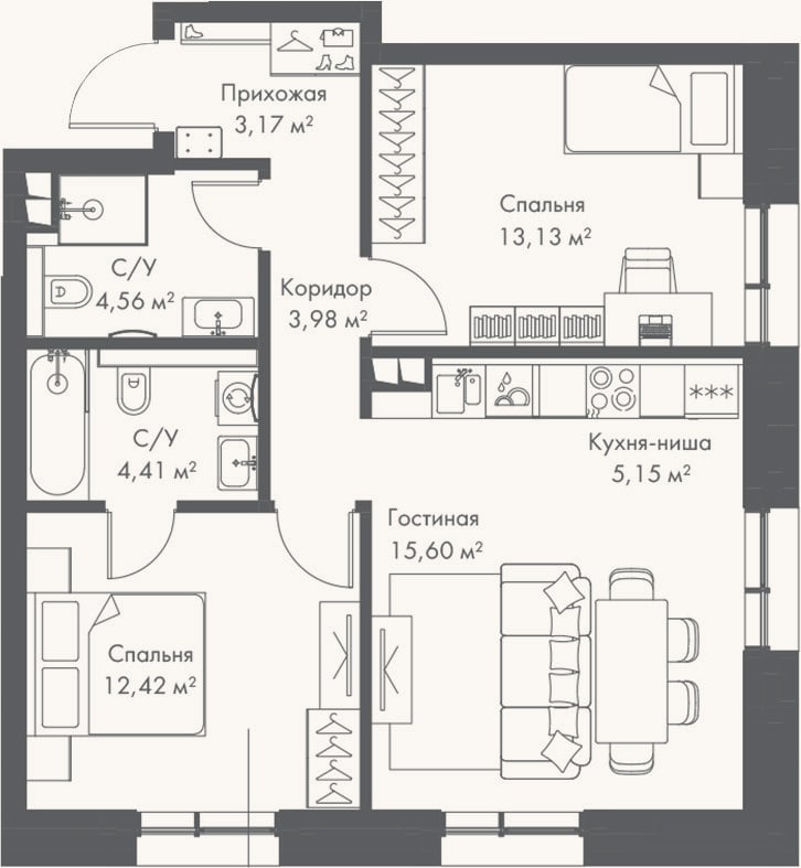Планировка: 3-к, 62,4 м²