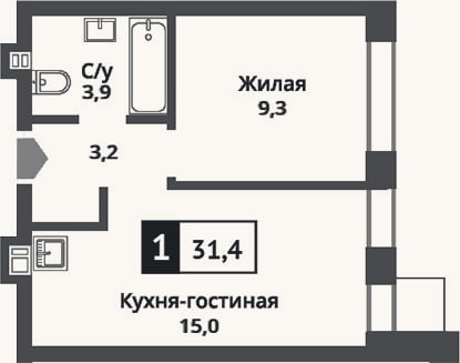 Планировка: 2-к, 31,4 м²