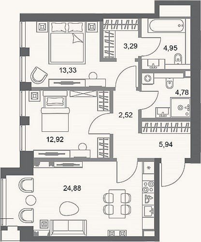 Планировка: 2-к, 72,6 м²
