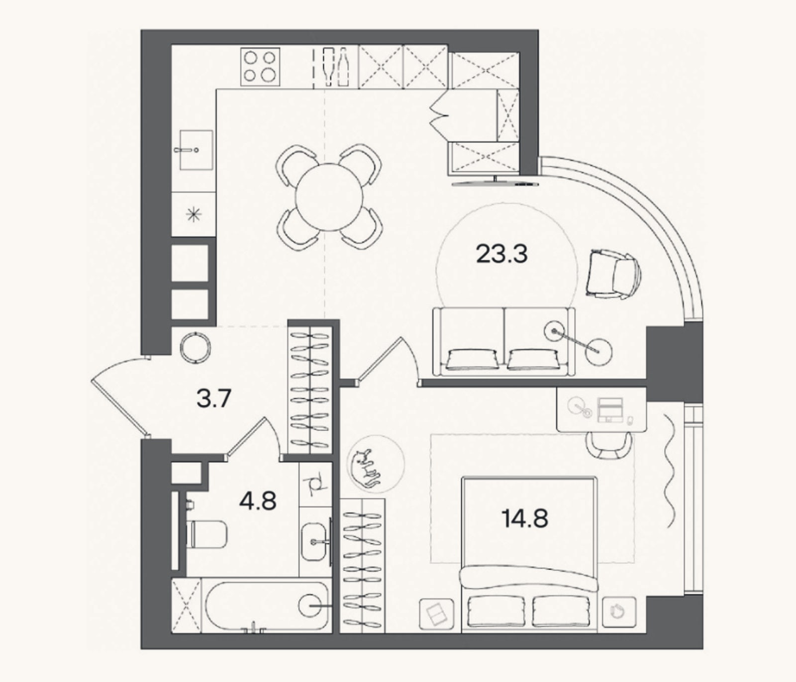 Планировка: 2-к, 46,6 м²