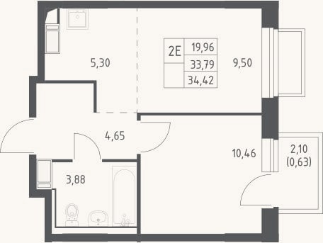 Планировка: 2-к, 33,8 м²