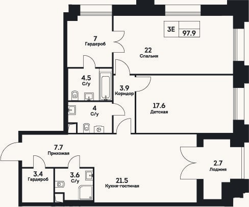 Планировка: 3-к, 95,2 м²