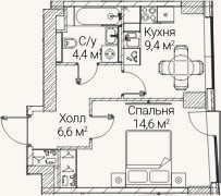 Планировка: 1-к, 34,8 м²