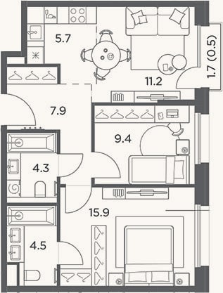 Планировка: 3-к, 58,9 м²