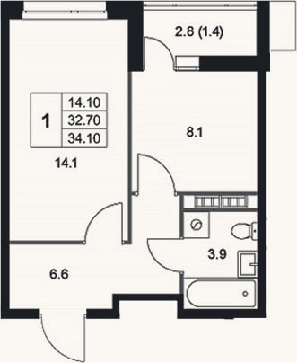 Планировка: 1-к, 32,7 м²