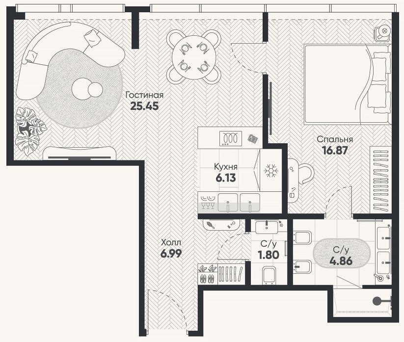 Планировка: 2-к, 62,2 м²