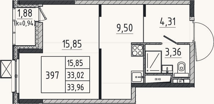 Планировка: Студия, 33 м²