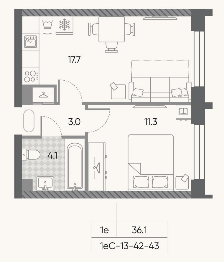 Планировка: 2-к, 36,1 м²