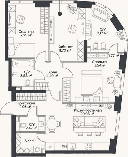 Планировка: 4+ к, 86,4 м²