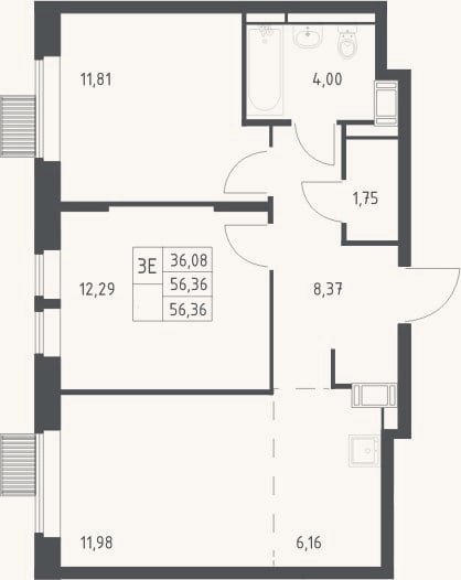 Планировка: 3-к, 56,4 м²