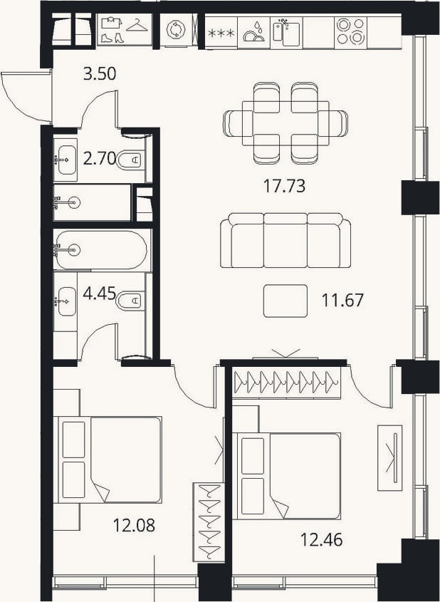 Планировка: 3-к, 64,6 м²