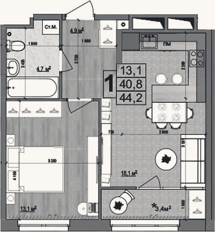 Планировка: 2-к, 40,8 м²