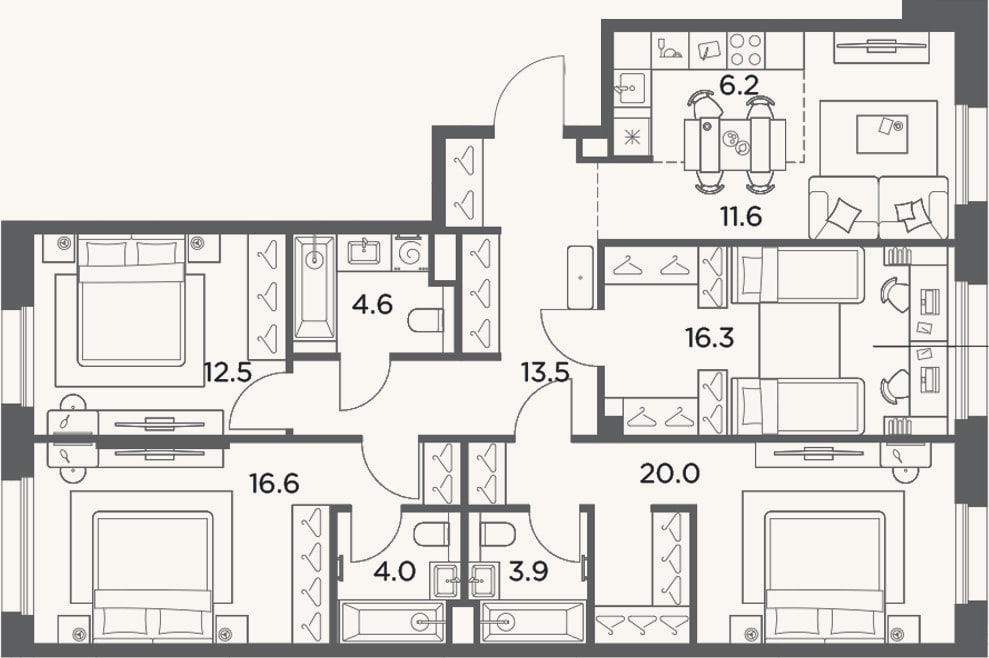 Планировка: 4+ к, 109,2 м²