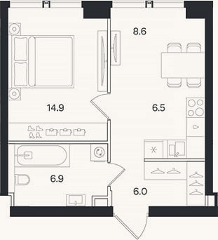 Планировка: 2-к, 42,9 м²