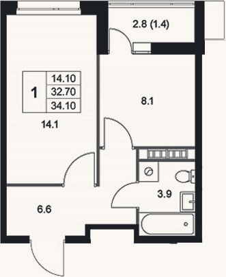 Планировка: 1-к, 32,7 м²