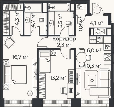 Планировка: 3-к, 68 м²