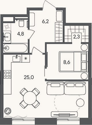 Планировка: 1-к, 46,9 м²