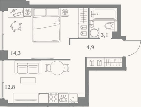 Планировка: 1-к, 35,1 м²