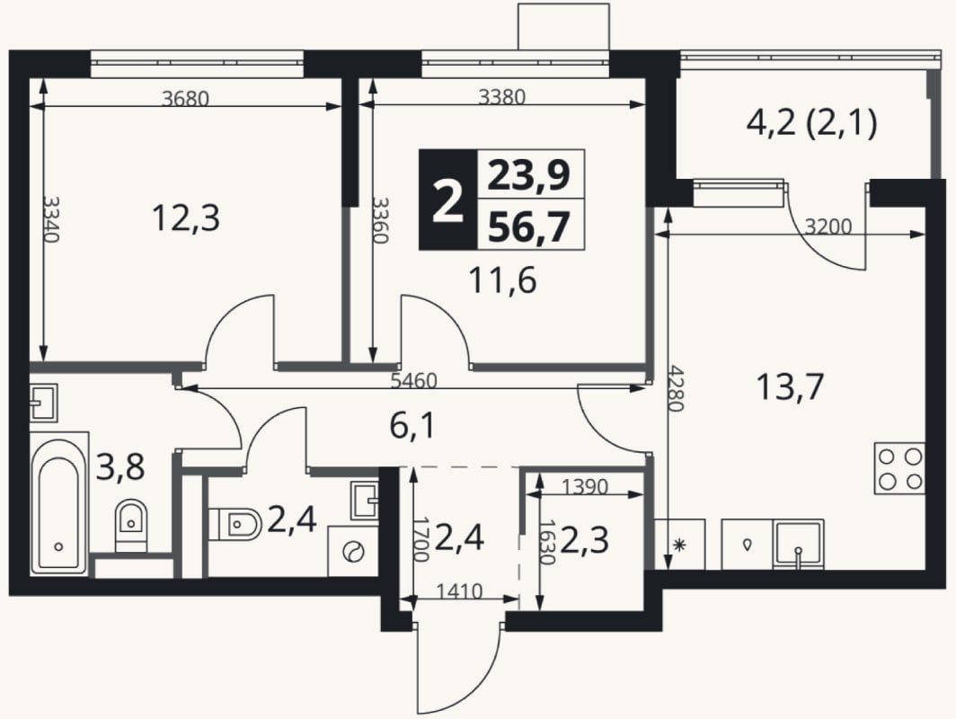 Планировка: 2-к, 54,6 м²