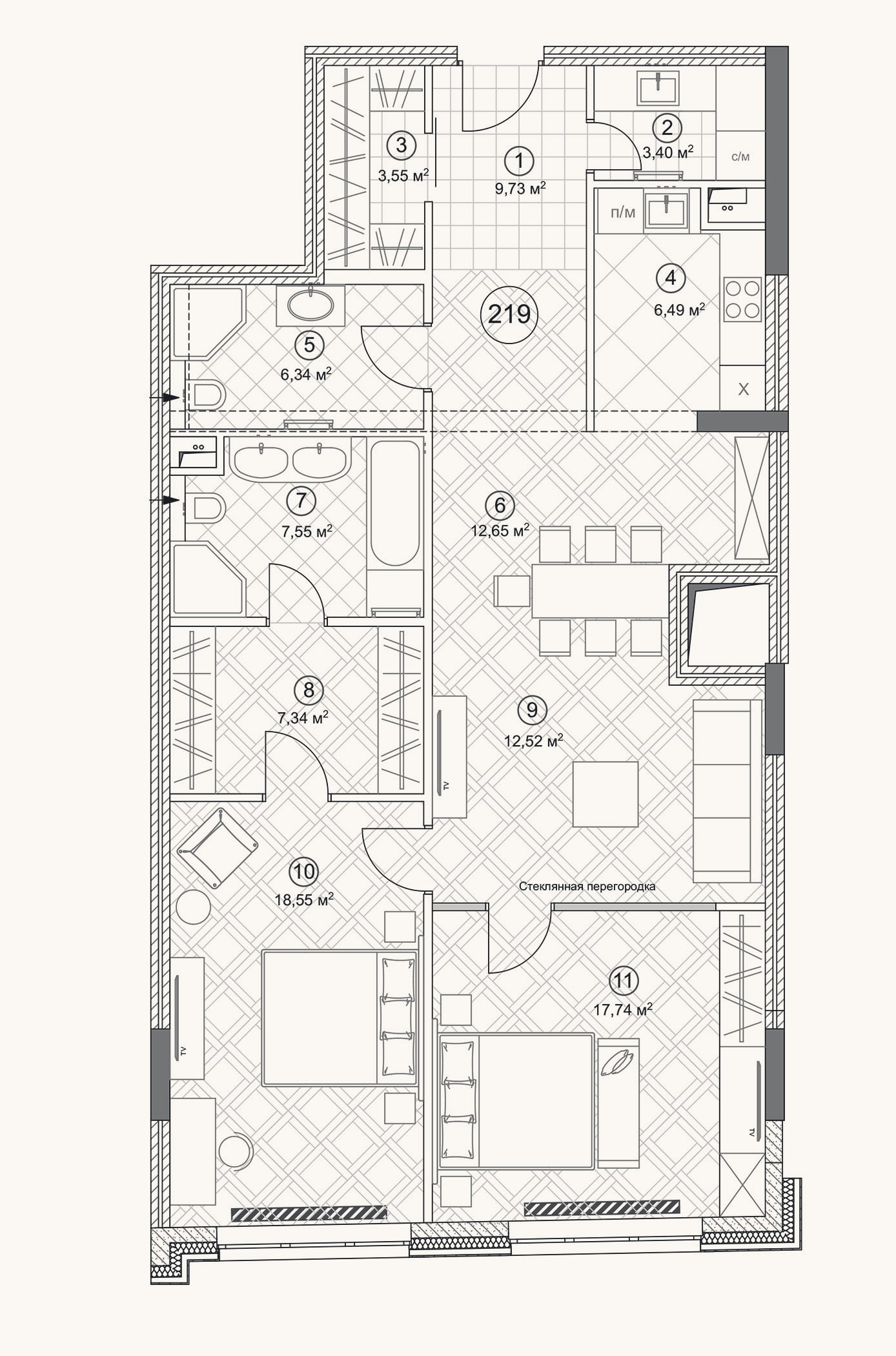 Планировка: 3-к, 108,8 м²