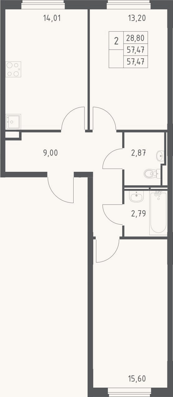 Планировка: 2-к, 57,5 м²