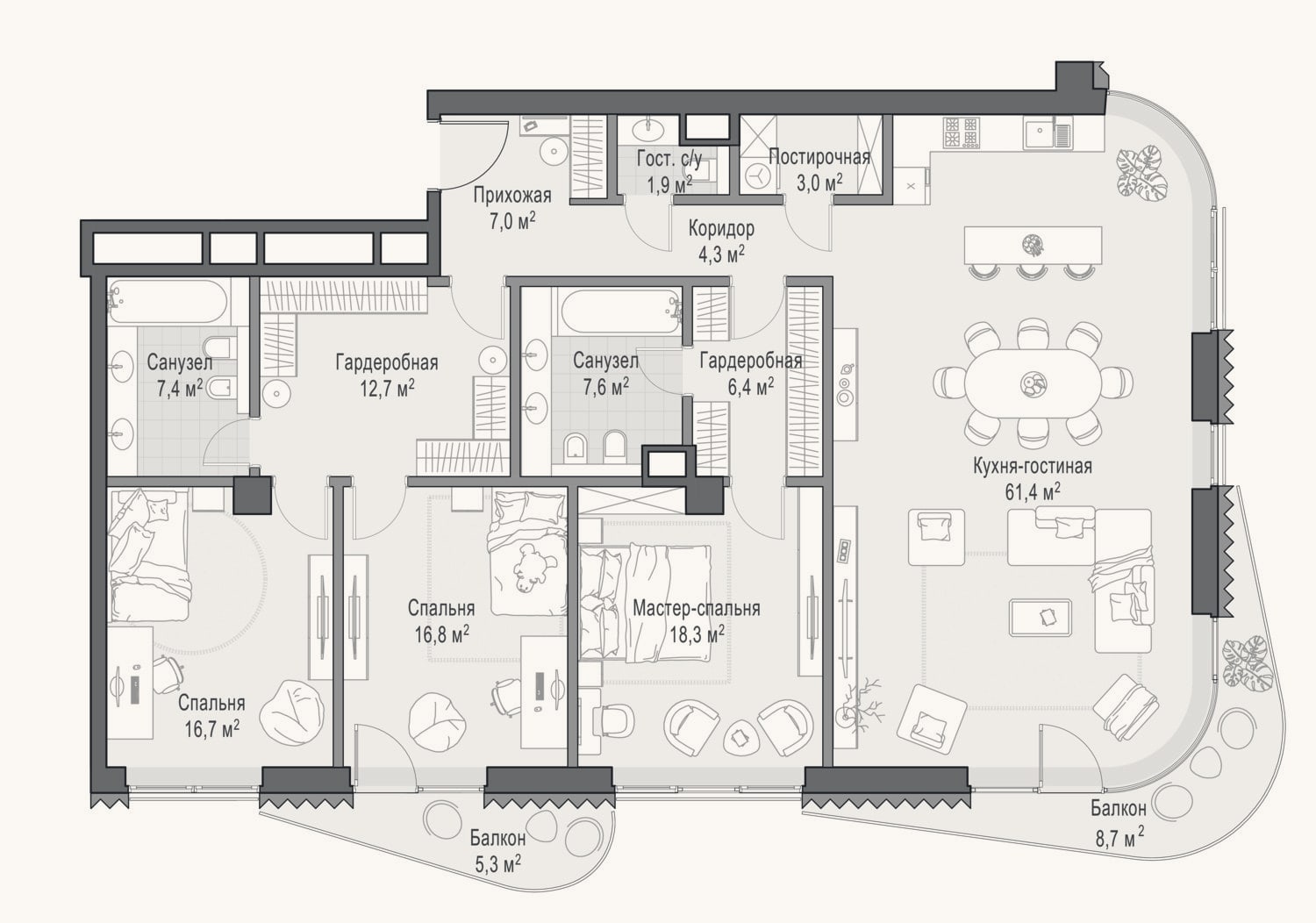 Планировка: 3-к, 162,8 м²
