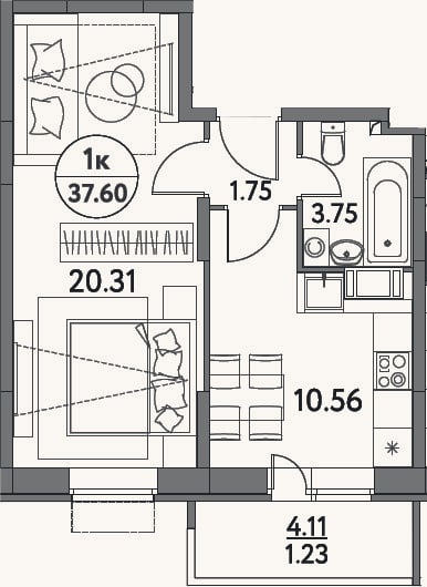 Планировка: 1-к, 36,4 м²