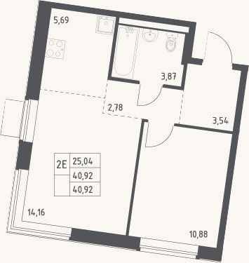 Планировка: 2-к, 40,9 м²