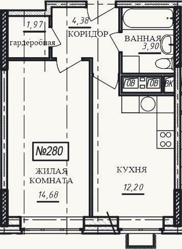 Планировка: 1-к, 37,1 м²