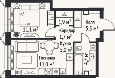 Планировка: 2-к, 40,9 м²