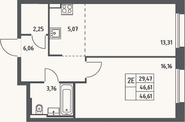 Планировка: 2-к, 46,6 м²