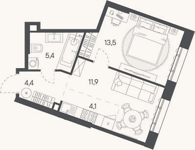 Планировка: 2-к, 39,3 м²
