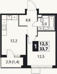 Планировка: 1-к, 32,3 м²
