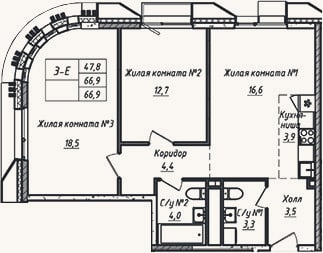 Планировка: 3-к, 66,9 м²