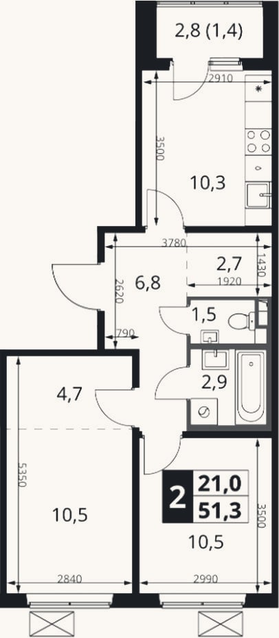 Планировка: 2-к, 49,9 м²