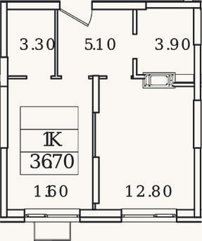 Планировка: 1-к, 36,7 м²