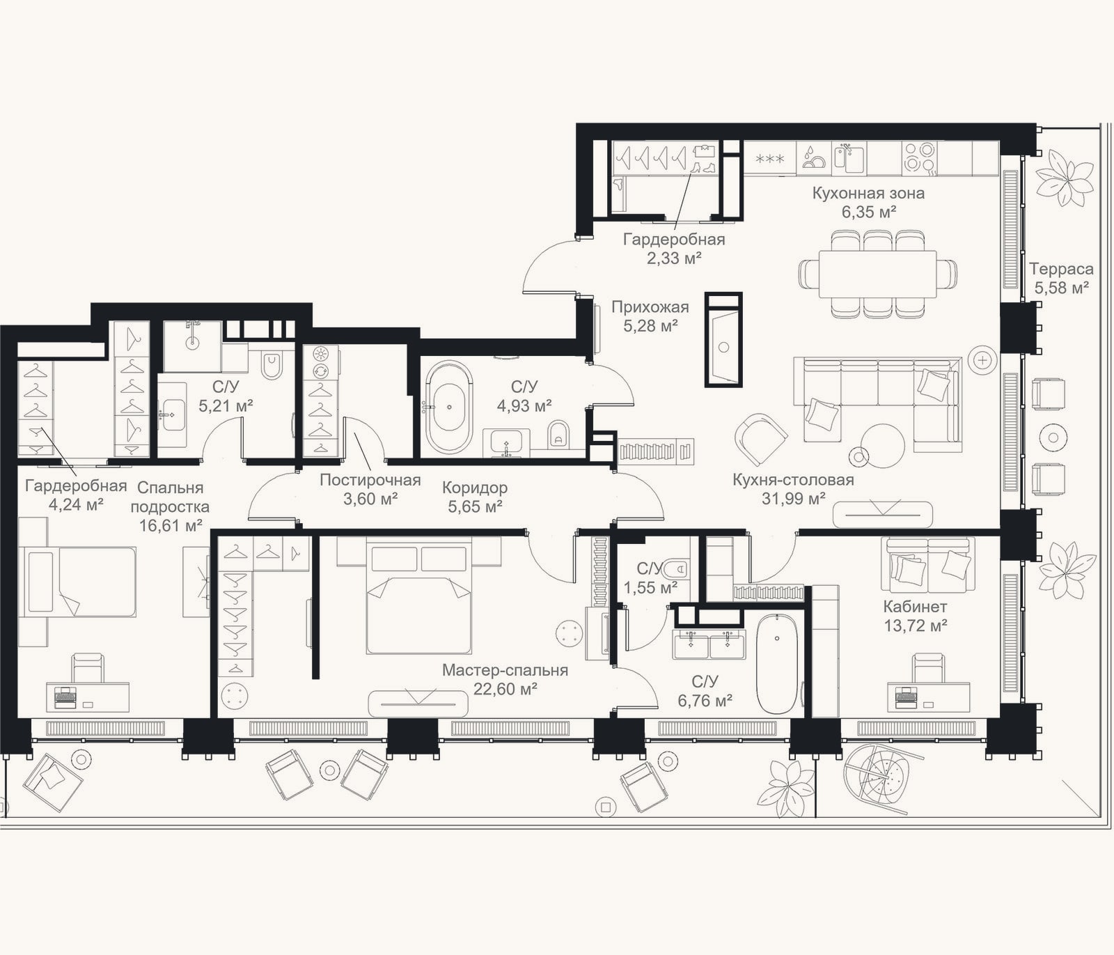 Планировка: 3-к, 130,8 м²