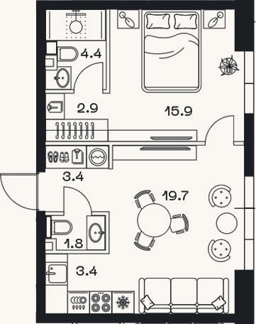 Планировка: 2-к, 51 м²