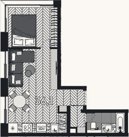 Планировка: 2-к, 36,1 м²