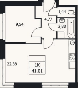 Планировка: 1-к, 41 м²