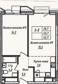 Планировка: 2-к, 45,7 м²