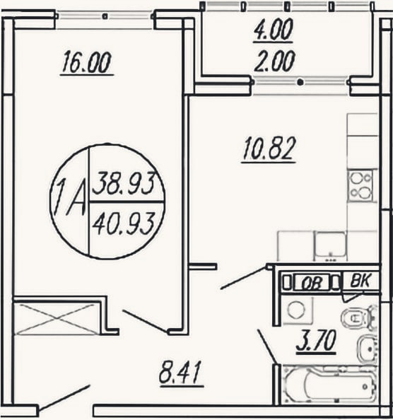 Планировка: 1-к, 38,9 м²