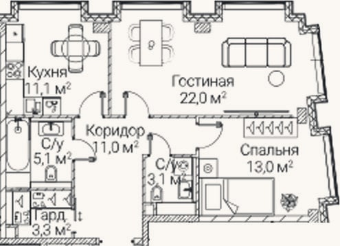Планировка: 2-к, 68,6 м²