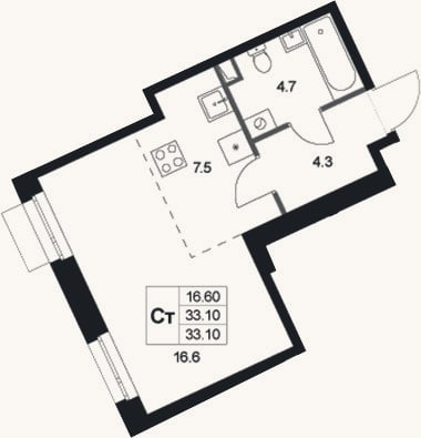 Планировка: Студия, 33,1 м²