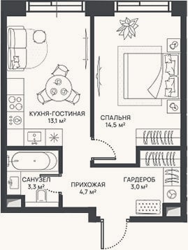 Планировка: 2-к, 38,6 м²